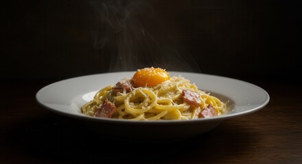 Delicious Spaghetti Carbonara with Egg Yolk and Bacon on Plate