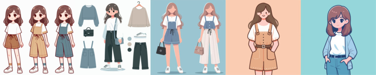 Set of vector images of girl with casual clothes