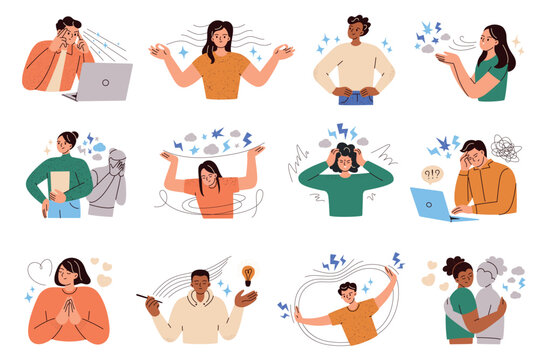 Emotional state collection, vector illustrations of resilience, stress, gratitude concept, burnout, balance, focus emotions, creative flow and imposter syndrome. Flat cartoon characters, mental health