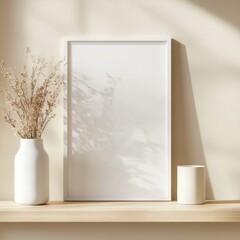Empty white frame, beige vase, dried flowers, sunlight shadows on shelf