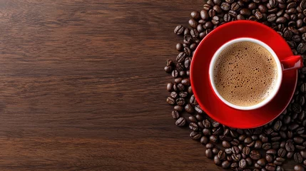 Fototapete Rund A red coffee cup with a white handle sits on a wooden table with a pile of coffe © Mrammon