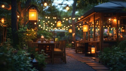 Cozy outdoor dining with warm lighting.