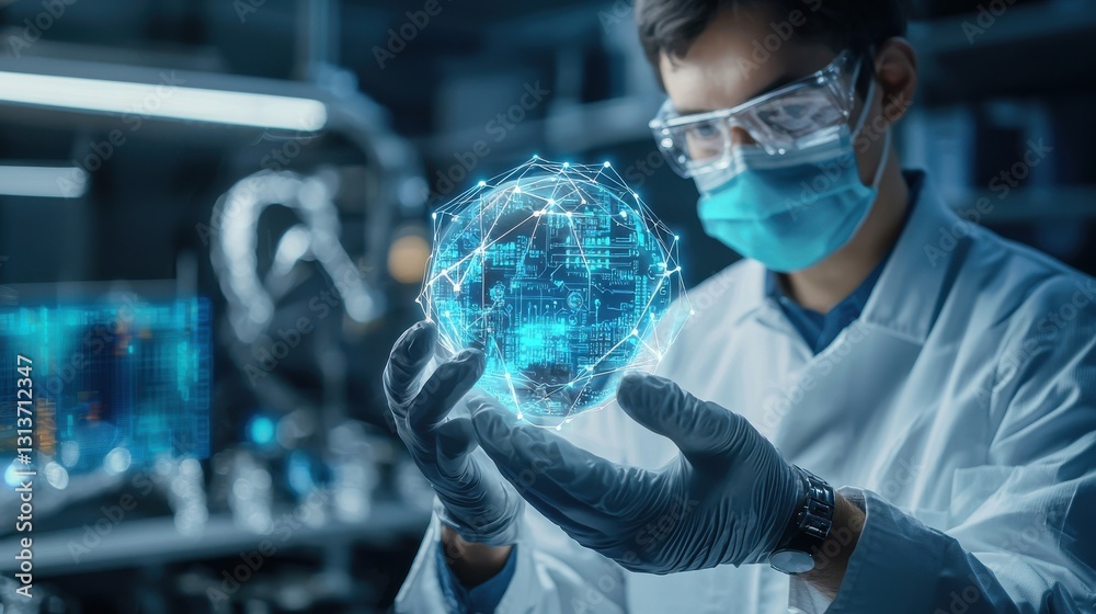 Poster A man in a lab coat is holding a blue sphere with a computer chip inside