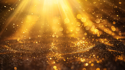 Obraz premium Golden sunray with sparkles or gold particle glitter light, creating a merry Christmas festive background. Features defocused circle particle bokeh in an abstract gold background.