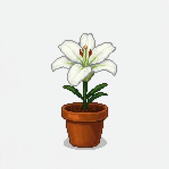 Obraz premium A potted lily flower in pixel art style on a white background.