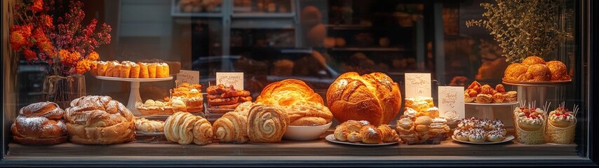 Delicious bakery display filled with pastries.