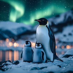 Obraz premium Minimalist Penguin Family Glowing Under Aurora Borealis on Icy Landscape