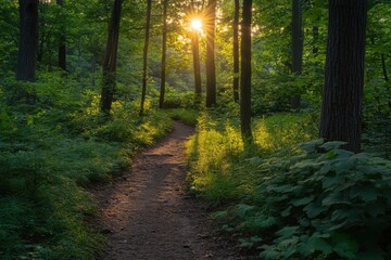 Obraz premium Scenic pathway nestled in vibrant foliage during early morning light