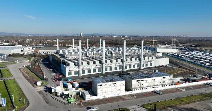 new build data center, computing center, in Raunheim, Germany, big data, cloud services, internet technology. Aerial drone view.