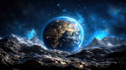 Stunning view of Earth from a distant moon in a cosmic landscape with stars and mountains