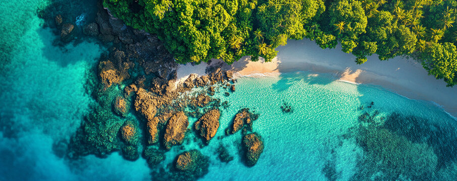 Breathtaking aerial view of tropical beach paradise with turquoise water and lush greenery
