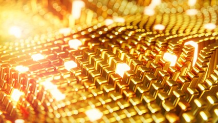 Wave structure of gold cubes with glare and radiance. 3D rendering illustration.