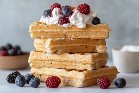 Stacked waffles topped with mixed berries and whipped cream for a delightful breakfast treat - Powered by Adobe