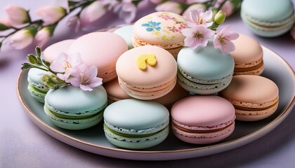 Fototapeta premium Pastel Easter macarons. Delicate French cookies shaped as Easter eggs. Sweet, charming holiday treats.