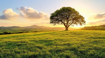Obraz premium Solitary Tree in Golden Hour Meadow Landscape