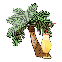 Colored illustration of a lazy set with a palm tree and a summer cocktai