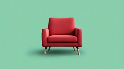 A red armchair with wooden legs against a teal background.