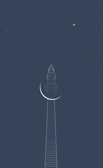 The Stairs, Half Moon, Stars with night view. Eid and Ramadan concept