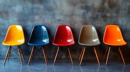 Modern chairs in bold colors and unique finishes lined up against a clean wall with text space