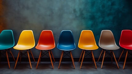 Obraz premium Close-up of bright and textured chairs arranged in a line against a simple wall with ample text space