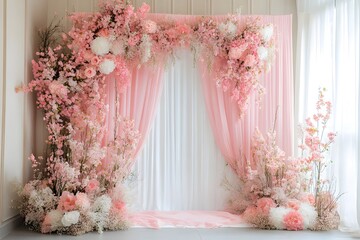 A pink floral backdrop with curtains and decorations setting the stage