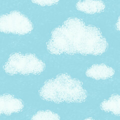 Cute white clouds on light blue sky. Watercolor fluffy cloud seamless pattern vector. Design for fabric, textile, kid cloth, shirt, skirt, baby dress, print, cover, card, wrapping, paper, decor.