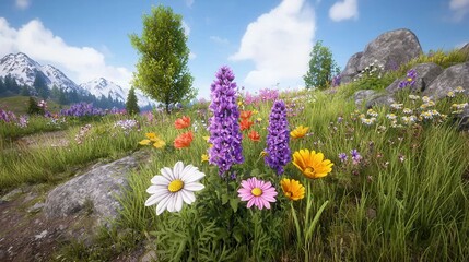 Obraz premium Vibrant Wildflower Meadow with Colorful Blossoms Against Scenic Mountain Backdrop