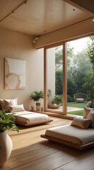 Fototapeta premium Peaceful yoga pilates studio with wooden floors calming design and a tranquil outdoor garden for rejuvenation Modern Spa Relaxation Wallpaper Interior Design