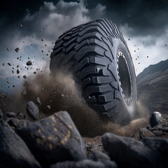A tire is shown in the air, surrounded by rocks and dirt