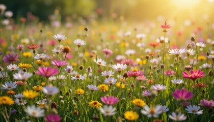 Fototapeta premium Vibrant Meadow Filled with Colorful Wildflowers in Warm Sunset Glow