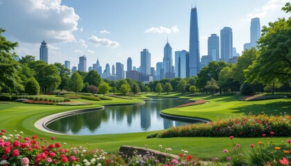 Obraz premium Scenic Urban Landscape with River and City Skyline in Daylight