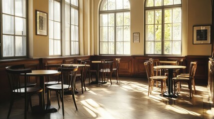 Fototapeta premium sunlit cafe interior with wooden tables and chairs