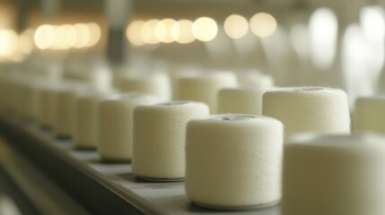 Obraz premium Spools of white thread arranged neatly in a textile factory, with blurred machinery in the background