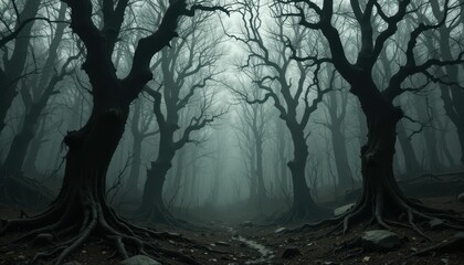 Eerie Foggy Forest with Twisted Trees and Dark Atmosphere
