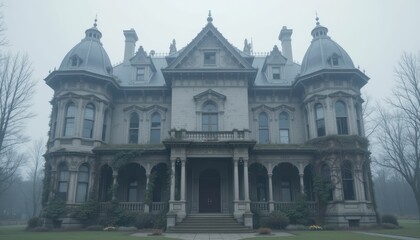 Obraz premium Eerie Victorian Mansion Surrounded by Fog on a Gloomy Day