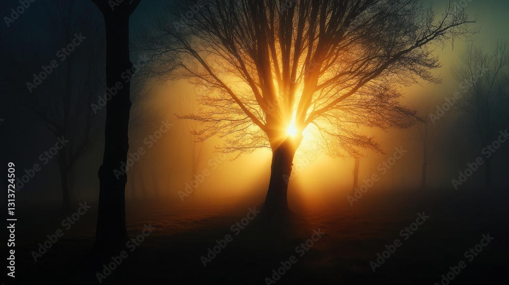 Aufkleber a tree with a sun shining through it in the middle of a foggy forest