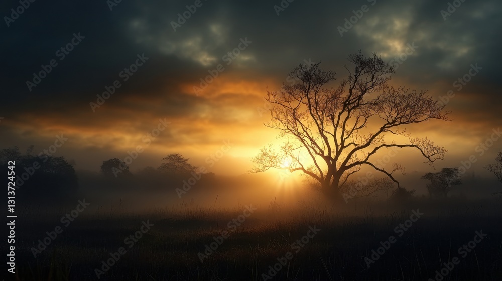 Poster A tree stands in a field with a sun setting in the background