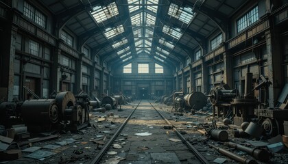 Abandoned Industrial Warehouse with Dusty Machinery and Debris