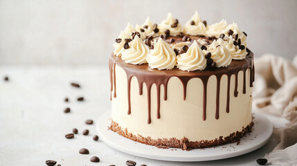 A white chocolate coffee cake with coffee-infused sponge, white chocolate espresso buttercream, and a white chocolate drip, clean background