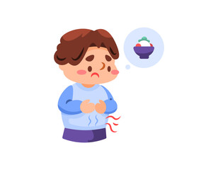 Fototapeta premium illustration of a boy whose stomach is rumbling. face looks gloomy or sad because he feels very hungry and wants to eat. want to eat rice. stomach problems and food. flat style character illustration