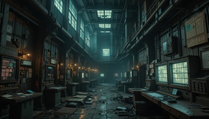 Abandoned Industrial Control Room with Dust and Dim Lighting