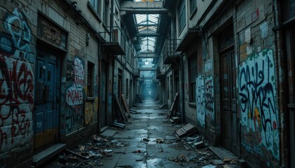 Fototapeta premium Abandoned Urban Passageway with Graffiti and Debris in Dim Light