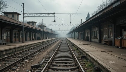 Foggy Train Station Platform with Tracks Leading into Distance