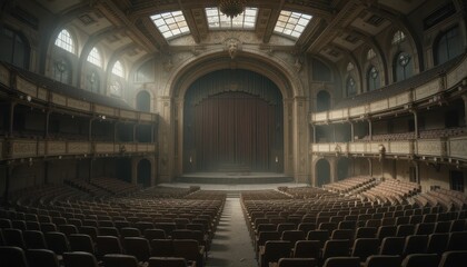 Naklejka premium Grand Historic Theater Interior with Empty Seating and Stage View