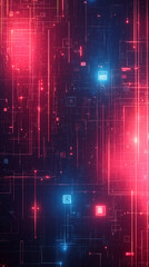 Futuristic digital background with glowing red and blue circuits, evoking a cyberpunk tech interface with neon grid elements