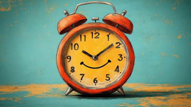 Happy alarm clock on textured background