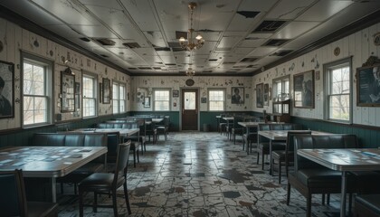 Abandoned Retro Diner Interior with Tables and Vintage Decor