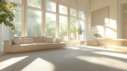 Fototapeta premium sunlit living room with modern sofa and large windows