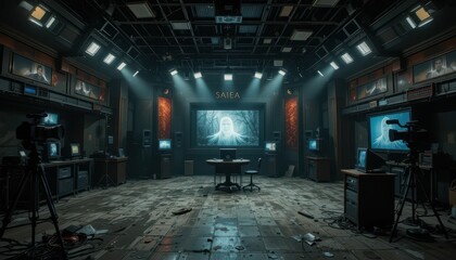 Futuristic Film Studio with High-Tech Equipment and Dim Lighting