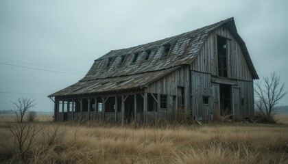 Fototapeta premium Abandoned rustic barn in a foggy landscape with overgrown grass